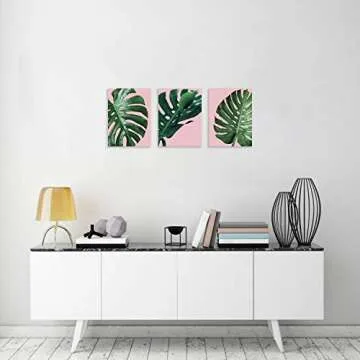 TutuBeer Plant Wall Art Plant Tropical Leaves and Water at Pink Background Tropical Wall Decor Green Plant Art 12" x 16" x 3 Pieces Canvas Pictures Artwork Ready to Hang for Home Decor Wall Decor