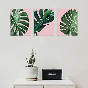 TutuBeer Plant Wall Art Plant Tropical Leaves and Water at Pink Background Tropical Wall Decor Green Plant Art 12" x 16" x 3 Pieces Canvas Pictures Artwork Ready to Hang for Home Decor Wall Decor