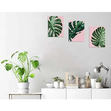 TutuBeer Plant Wall Art Plant Tropical Leaves and Water at Pink Background Tropical Wall Decor Green Plant Art 12" x 16" x 3 Pieces Canvas Pictures Artwork Ready to Hang for Home Decor Wall Decor