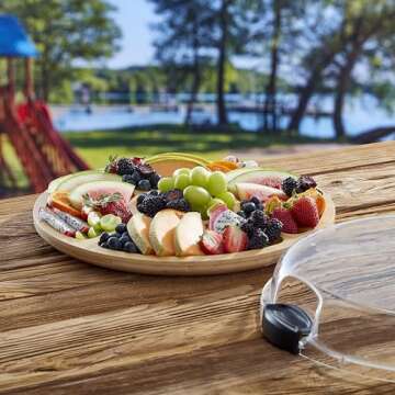 Farberware Build-a-Board Cutting Board with Five Compartments and Clear Locking Lid for Charcuterie, Snacks, and More-Make it. Take it. Enjoy it, 14-Inch Round, Bamboo