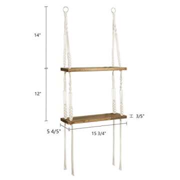 TIMEYARD Rustic Wood Macrame Hanging Shelves, 2 Tier Rope Floating Shelf for Photo Frames, Small Plants, Boho Home Decor for Bedroom, Living Room, Bathroom