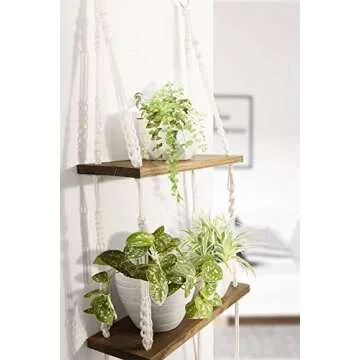 TIMEYARD Rustic Wood Macrame Hanging Shelves, 2 Tier Rope Floating Shelf for Photo Frames, Small Plants, Boho Home Decor for Bedroom, Living Room, Bathroom