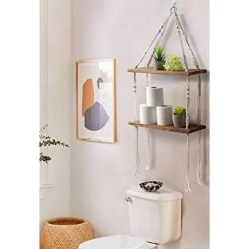 TIMEYARD Rustic Wood Macrame Hanging Shelves, 2 Tier Rope Floating Shelf for Photo Frames, Small Plants, Boho Home Decor for Bedroom, Living Room, Bathroom