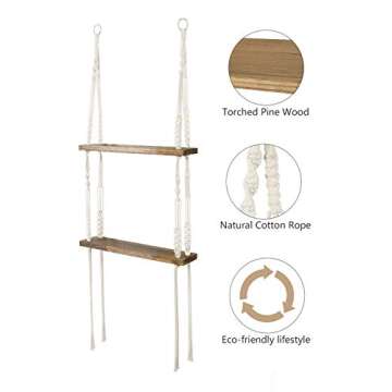 TIMEYARD Rustic Wood Macrame Hanging Shelves, 2 Tier Rope Floating Shelf for Photo Frames, Small Plants, Boho Home Decor for Bedroom, Living Room, Bathroom