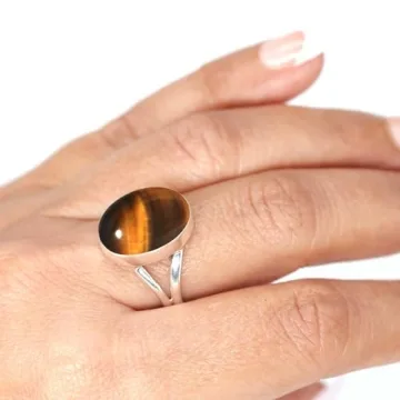 JEWELOPORIUM Brown Tiger Eye Silver Ring Size 10.5, 925 Sterling Silver Ring for Women, Genuine Chun...