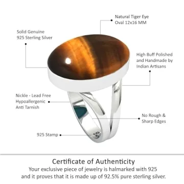 JEWELOPORIUM Brown Tiger Eye Silver Ring for Women, Size 10.5