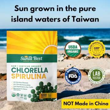 Sunlit Best Organic Burst Chlorella Spirulina Tablets - Pure Superfood Supplement with Blue Green Algae, Chlorophyll & Vegan Protein, Spirulina Chlorella Pills 1000 Tabs
