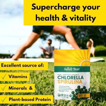 Sunlit Best Organic Burst Chlorella Spirulina Tablets - Pure Superfood Supplement with Blue Green Algae, Chlorophyll & Vegan Protein, Spirulina Chlorella Pills 1000 Tabs