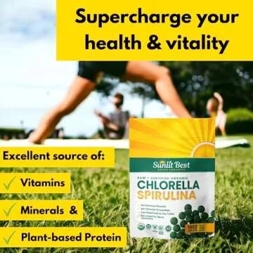 Sunlit Best Organic Burst Chlorella Spirulina Tablets - Pure Superfood Supplement with Blue Green Algae, Chlorophyll & Vegan Protein, Spirulina Chlorella Pills 1000 Tabs