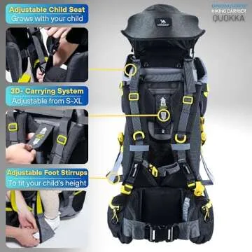 DROMADER Hiking Baby Carrier – Lightweight Child Carrier Backpack with Sun Shade & Rain Cover – Insulated Storage – Padded Comfort – Adjustable Fit & Safety Harness - Yellow/Grey