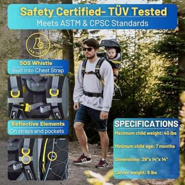 DROMADER Hiking Baby Carrier – Lightweight Child Carrier Backpack with Sun Shade & Rain Cover – Insulated Storage – Padded Comfort – Adjustable Fit & Safety Harness - Yellow/Grey