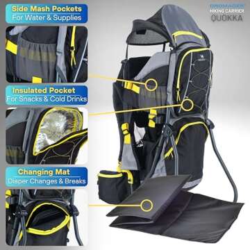 DROMADER Hiking Baby Carrier – Lightweight Child Carrier Backpack with Sun Shade & Rain Cover – Insulated Storage – Padded Comfort – Adjustable Fit & Safety Harness - Yellow/Grey