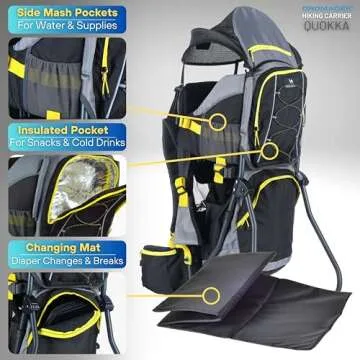 DROMADER Hiking Baby Carrier – Lightweight Child Carrier Backpack with Sun Shade & Rain Cover – Insulated Storage – Padded Comfort – Adjustable Fit & Safety Harness - Yellow/Grey