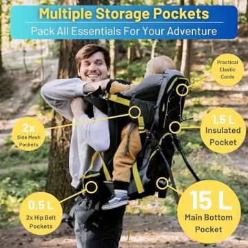 DROMADER Hiking Baby Carrier – Lightweight Child Carrier Backpack with Sun Shade & Rain Cover – Insulated Storage – Padded Comfort – Adjustable Fit & Safety Harness - Yellow/Grey