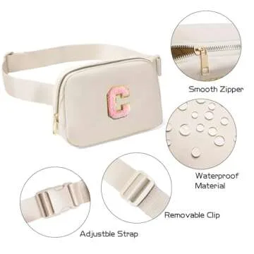 Gitus Belt Bag Fanny Pack Crossbody Bags with Initial Letter Patch Cute Stuff Birthday Gifts for Teenager Girls Cool Stuff for Teens Trendy Preppy Stuff for Teen Girls (Beige-C)