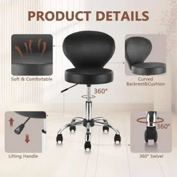 KLASIKA Set of 4 PVC Faux Leather Rolling Swivel Salon Stool Chair with Wheel Back Lumbar Support Seat Height 22 in Diameter 15 Inch Adjustable Hydraulic Chair for Office Massage Facial Spa 4 Pack