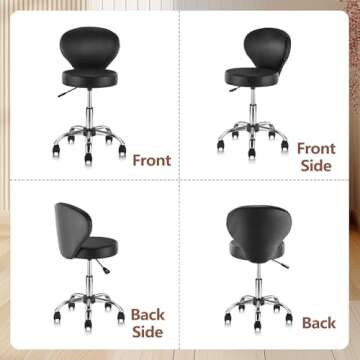 KLASIKA Set of 4 PVC Faux Leather Rolling Swivel Salon Stool Chair with Wheel Back Lumbar Support Seat Height 22 in Diameter 15 Inch Adjustable Hydraulic Chair for Office Massage Facial Spa 4 Pack
