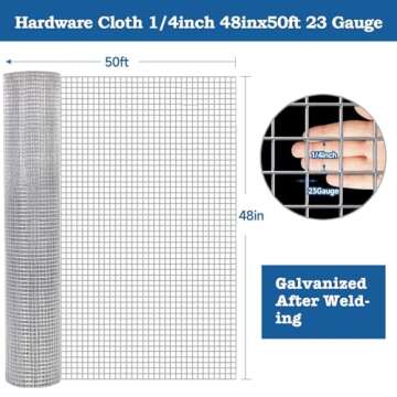 Amagabeli 48x50 Hardware Cloth 1/4 inch Square Galvanized Chicken Wire Welded Fence Mesh Roll Raised Garden Bed Plant Supports Poultry Netting Cage Wire Snake Fence
