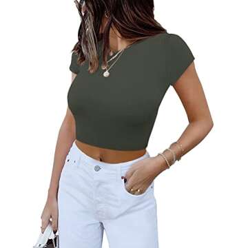 REORIA Women's Summer Cute Short Sleeve High Neck Double Lined Tight Casual Basic T Shirts Yoga Crop...