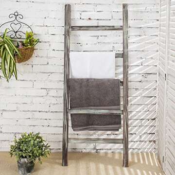 MyGift 5-Tier Blanket Ladder Wooden, 48 Inch Blanket Quilt Towel Holder Rack Decorative Ladder, Easy Assembly, Rustic Farmhouse Ladder Shelf for Living Room Bathroom Home Decor, Torched Wood