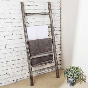 MyGift 5-Tier Blanket Ladder Wooden, 48 Inch Blanket Quilt Towel Holder Rack Decorative Ladder, Easy Assembly, Rustic Farmhouse Ladder Shelf for Living Room Bathroom Home Decor, Torched Wood