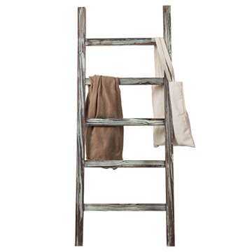 MyGift 5-Tier Blanket Ladder Wooden, 48 Inch Blanket Quilt Towel Holder Rack Decorative Ladder, Easy Assembly, Rustic Farmhouse Ladder Shelf for Living Room Bathroom Home Decor, Torched Wood