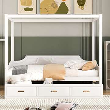 RUNNA Modern Twin Size Wooden Canopy Daybed with 3 in 1 Storage Drawers, Suitable for Bedroom, Guest Room (White@z`)