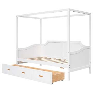 RUNNA Modern Twin Size Wooden Canopy Daybed with 3 in 1 Storage Drawers, Suitable for Bedroom, Guest Room (White@z`)