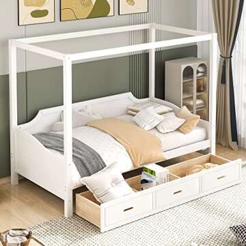 RUNNA Modern Twin Size Wooden Canopy Daybed with 3 in 1 Storage Drawers, Suitable for Bedroom, Guest Room (White@z`)