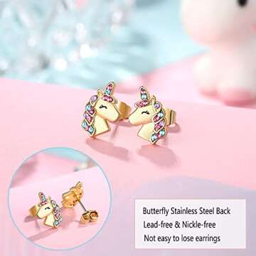 UNGENT THEM Silver Unicorn Stud Earrings for Little Girls Hypoallergenic CZ Unicorn Lovely Gifts for Daughter Birthday Party