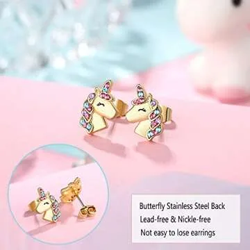 UNGENT THEM Silver Unicorn Stud Earrings for Little Girls Hypoallergenic CZ Unicorn Lovely Gifts for Daughter Birthday Party