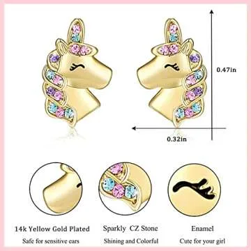 UNGENT THEM Silver Unicorn Stud Earrings for Little Girls Hypoallergenic CZ Unicorn Lovely Gifts for Daughter Birthday Party