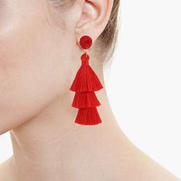 LEGITTA Red Tassel Earrings with Druzy Stud Layered Tiered Linear Drop Dangle Fashion Bohemian Earri...