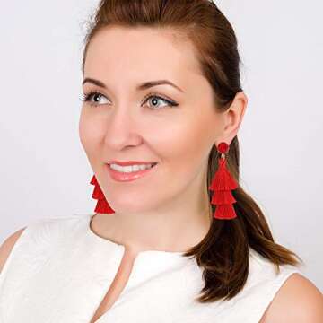 LEGITTA Red Tassel Earrings with Druzy Stud Layered Tiered Linear Drop Dangle Fashion Bohemian Earrings for Women