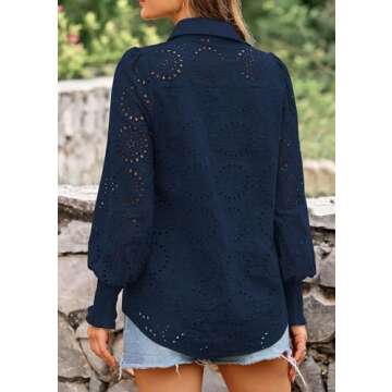 PRETTYGARDEN Women's Spring Button Down Shirts Dressy Casual Fall Long Puff Sleeve Eyelet Loose Fit ...
