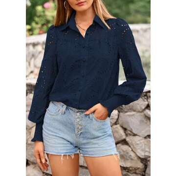 PRETTYGARDEN Women's Spring Button Down Shirts Dressy Casual Fall Long Puff Sleeve Eyelet Loose Fit Collared Blouse Top (Navy,Small)