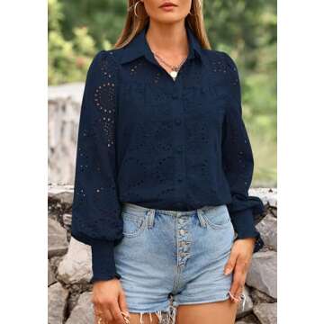 PRETTYGARDEN Women's Spring Button Down Shirts Dressy Casual Fall Long Puff Sleeve Eyelet Loose Fit Collared Blouse Top (Navy,Small)