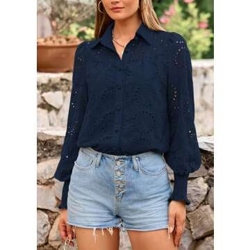 PRETTYGARDEN Women's Spring Button Down Shirts Dressy Casual Fall Long Puff Sleeve Eyelet Loose Fit Collared Blouse Top (Navy,Small)