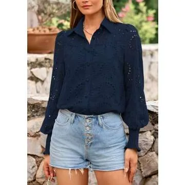 PRETTYGARDEN Women's Spring Button Down Shirts Dressy Casual Fall Long Puff Sleeve Eyelet Loose Fit Collared Blouse Top (Navy,Small)
