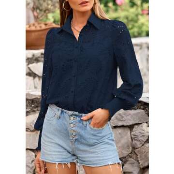 PRETTYGARDEN Women's Spring Button Down Shirts Dressy Casual Fall Long Puff Sleeve Eyelet Loose Fit Collared Blouse Top (Navy,Small)