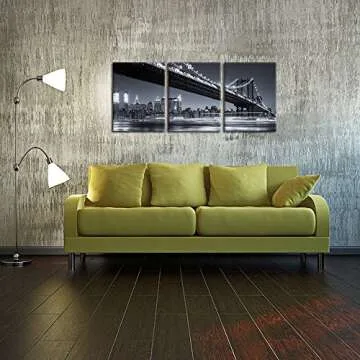 iKNOW FOTO 3 Piece Modern Black and White New York City Wall Art Manhattan Skyline Bridge at Night P...