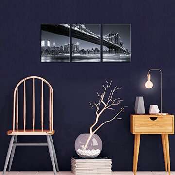 iKNOW FOTO 3 Piece Modern Black and White New York City Wall Art Manhattan Skyline Bridge at Night Pictures on Canvas Print Painting Home Decoration Framed Art Work for Living Room 12x16inchx3pcs