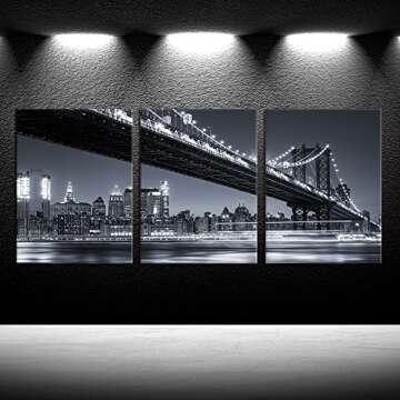 iKNOW FOTO 3 Piece Modern Black and White New York City Wall Art Manhattan Skyline Bridge at Night Pictures on Canvas Print Painting Home Decoration Framed Art Work for Living Room 12x16inchx3pcs