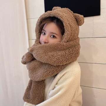 Kawaii Bear Ear Beanie Hat with Scarf for Winter Cuties