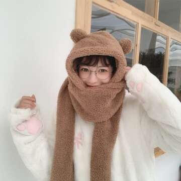 Kawaii Bear Ear Beanie Hat with Scarf for Winter Cuties