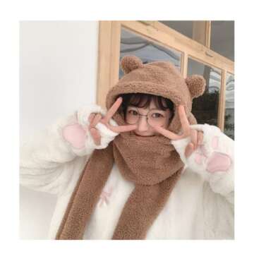Kawaii Bear Ear Beanie Hat with Scarf for Winter Cuties