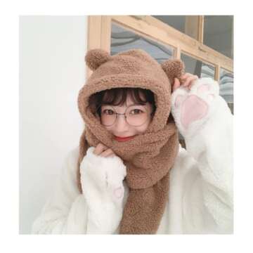 Kawaii Bear Ear Beanie Hat with Scarf for Winter Cuties