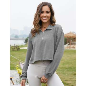 Flygo Womens Half Zip Sweatshirts Stand Collar Activewear Running Workout Pullover Tops(LightGrey-M)