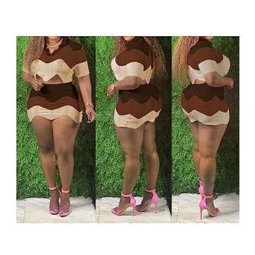 KANSOON Skirt Sets Women 2 Piece Outfits Color Block Knit Short Sleeves Crop Polo Shirts and Bodycon Mini Skirt