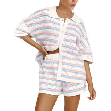 Thopavenoir Women Casual Knitted Pajamas Set – Two-Piece Loungewear Set with Shirt and Shorts
